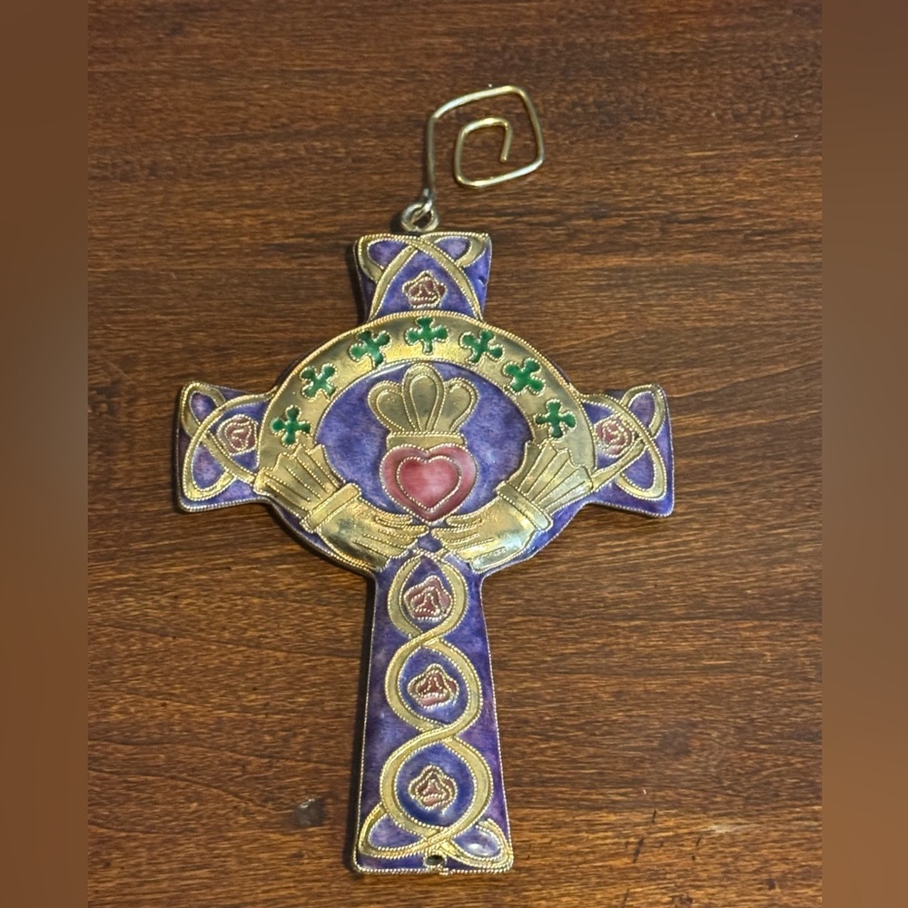Purple and Gold Enamel Cloisonne Irish Claddagh Celtic Cross Hanging Ornament
